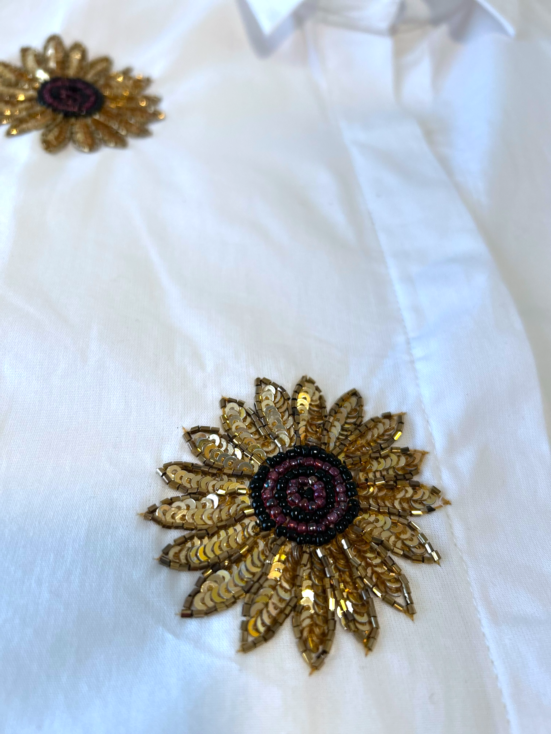 Handmade Sunflower Embroidered Pure Cotton Shirt – White