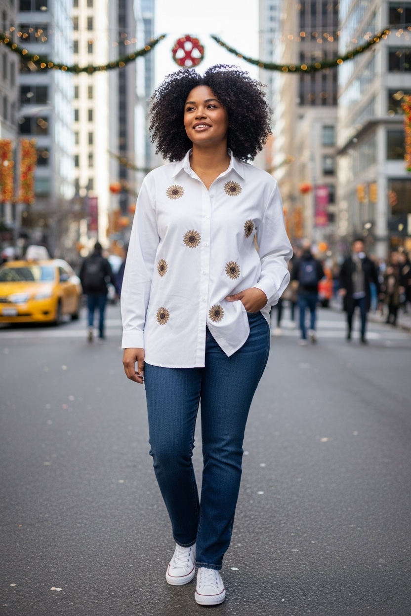 Handmade Sunflower Embroidered Pure Cotton Shirt – White