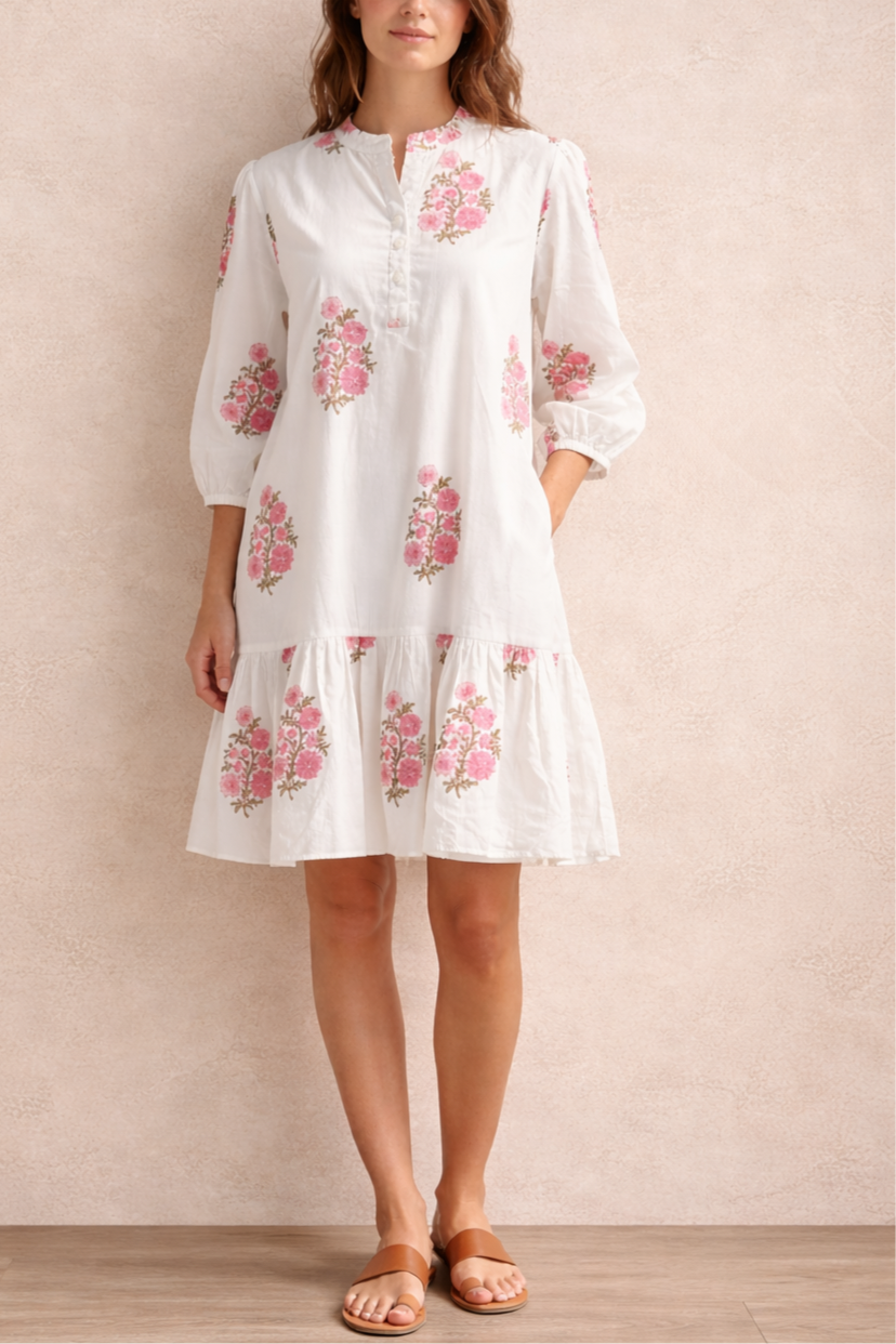 Wildrose Hand-Block Printed Cotton Dress