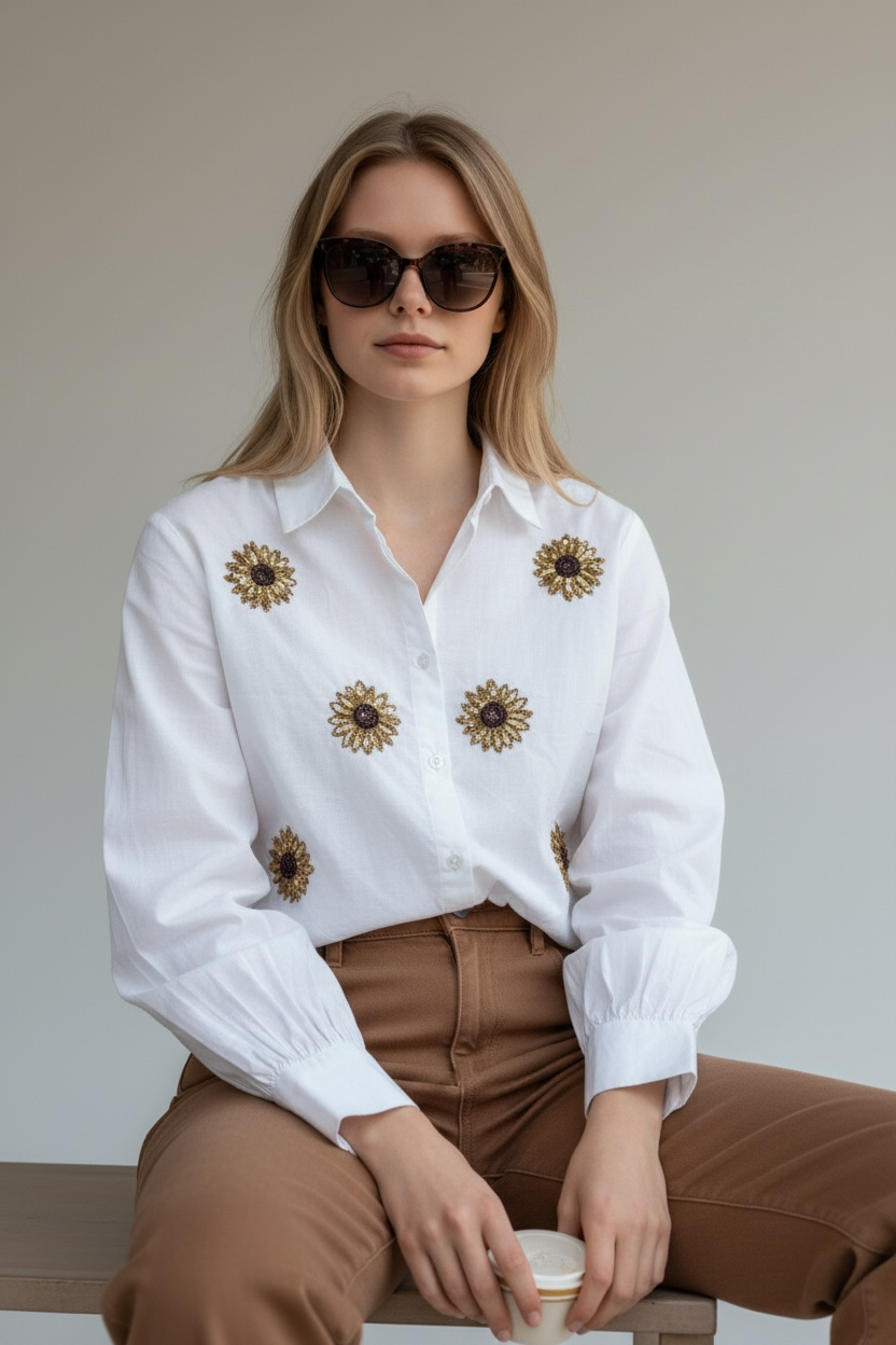 Handmade Sunflower Embroidered Pure Cotton Shirt – White