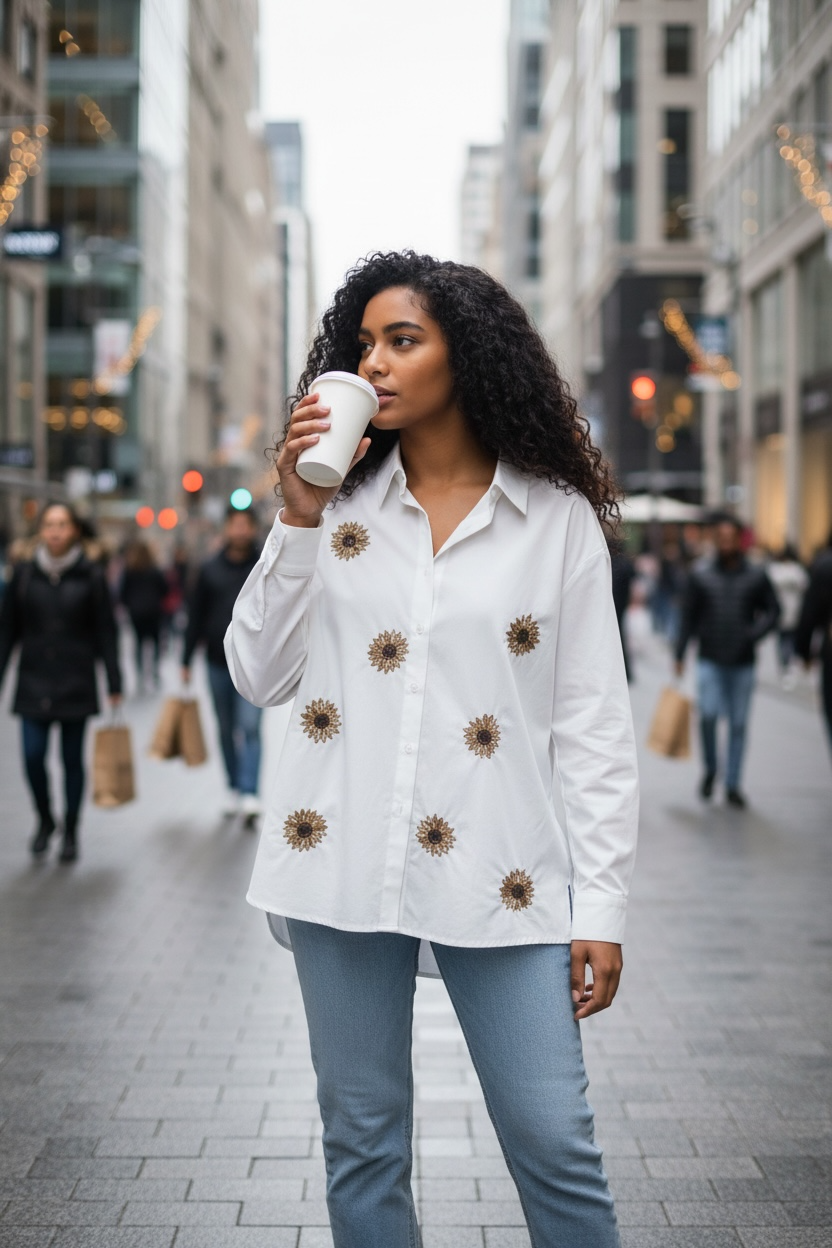 Handmade Sunflower Embroidered Pure Cotton Shirt – White