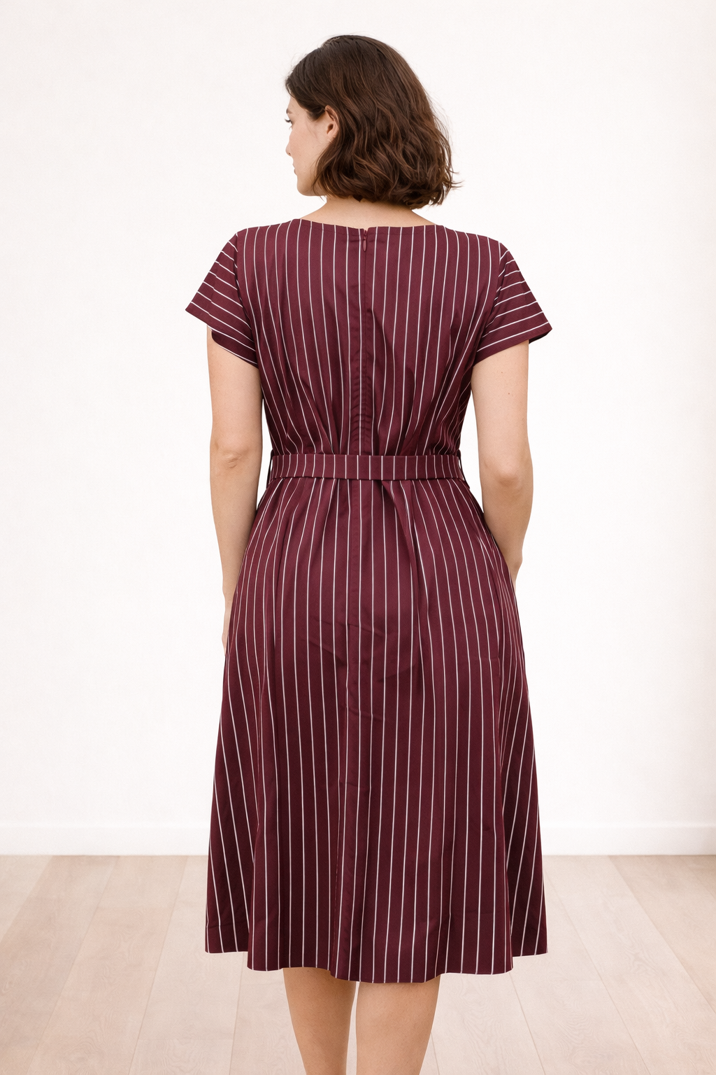 Wine Pinstripe Cotton Satin Dress
