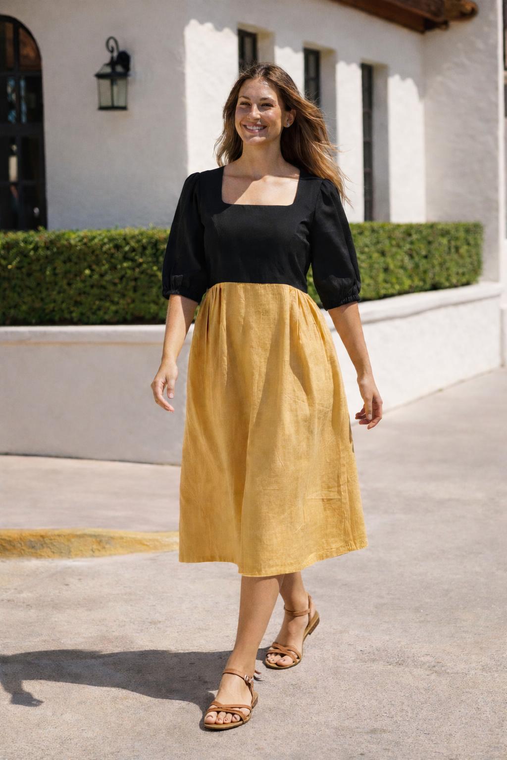Noir & Gold Cotton Linen Midi dress