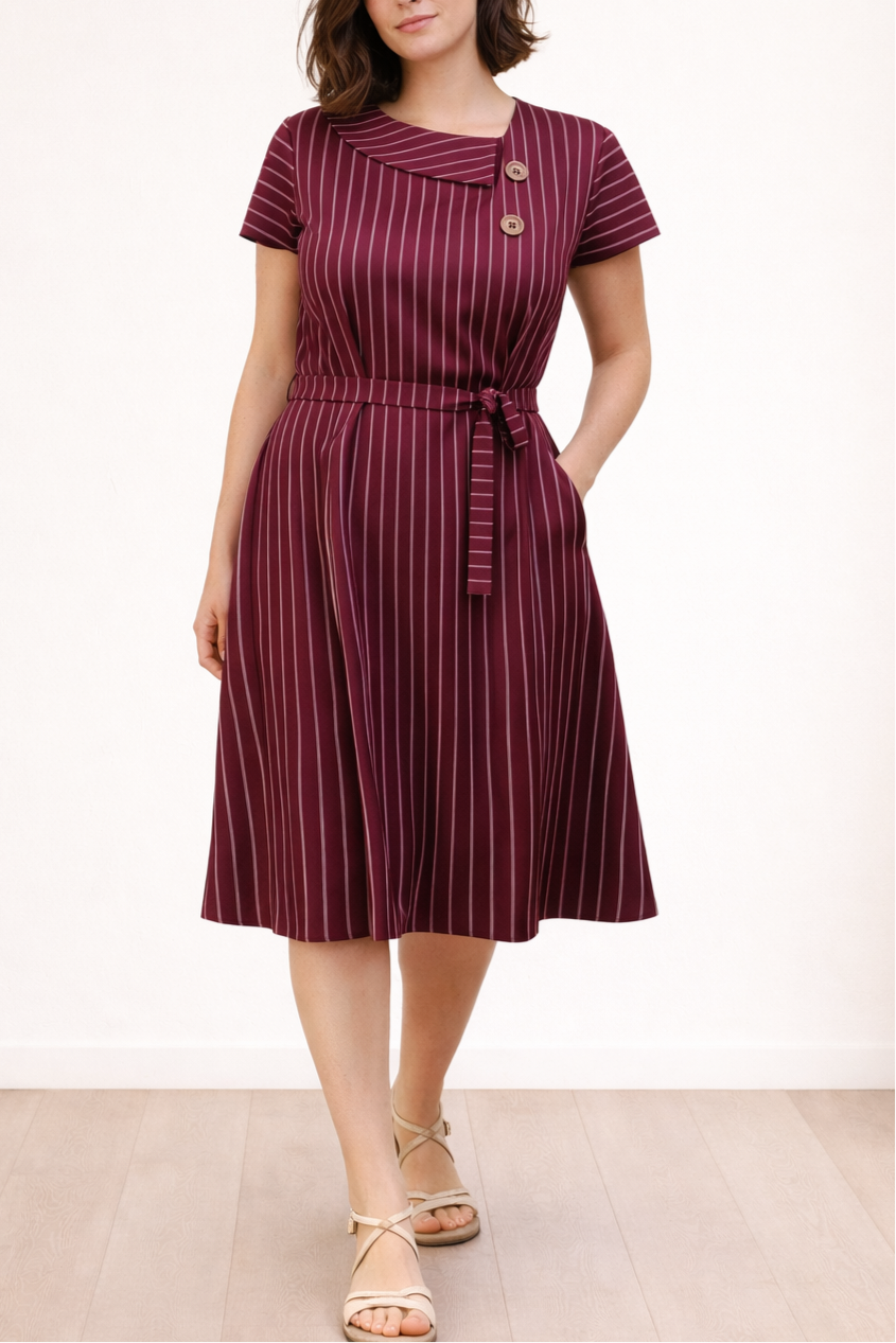 Wine Pinstripe Cotton Satin Dress
