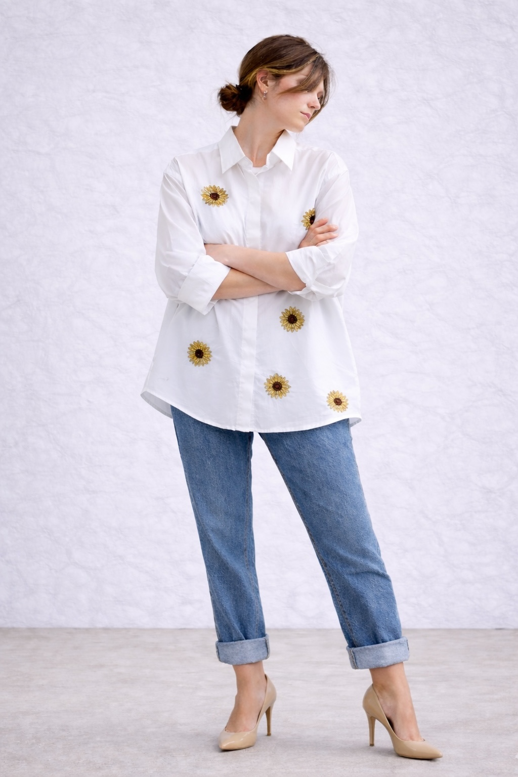 Handmade Sunflower Embroidered Pure Cotton Shirt – White