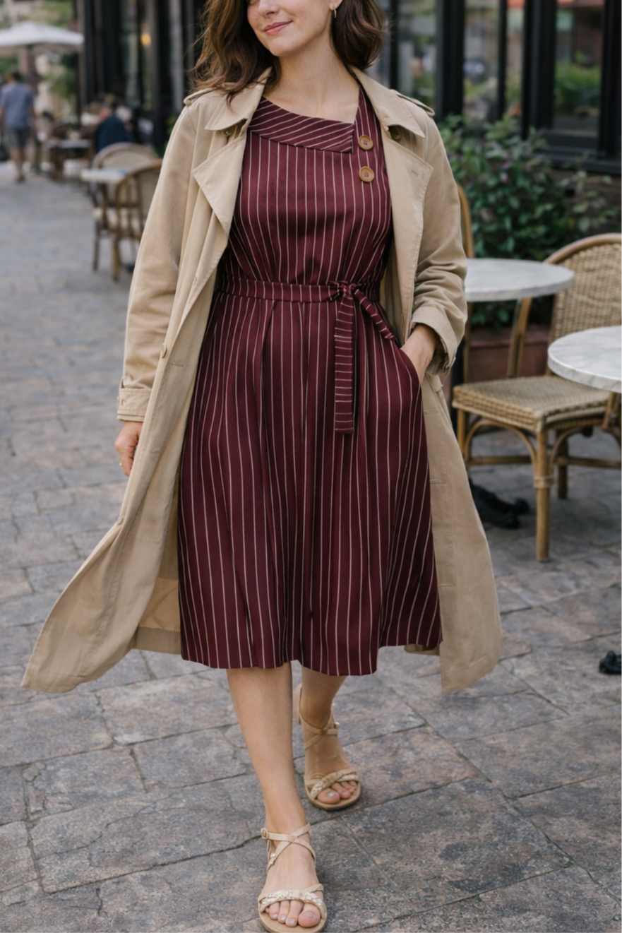 Wine Pinstripe Cotton Satin Dress