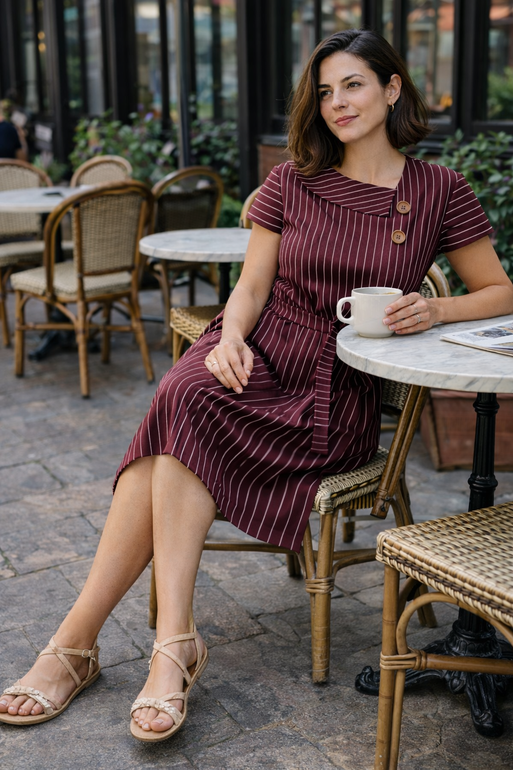 Wine Pinstripe Cotton Satin Dress