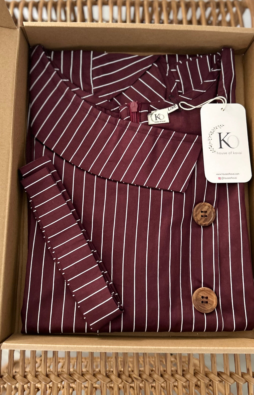 Wine Pinstripe Cotton Satin Dress