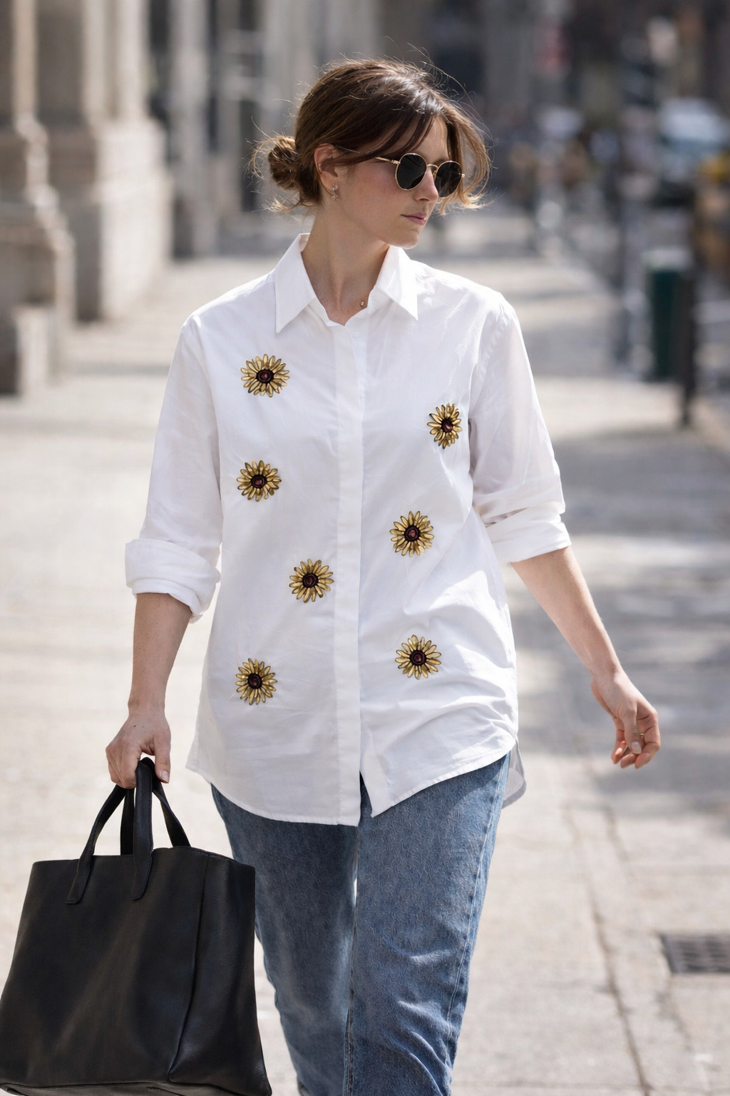 Handmade Sunflower Embroidered Pure Cotton Shirt – White