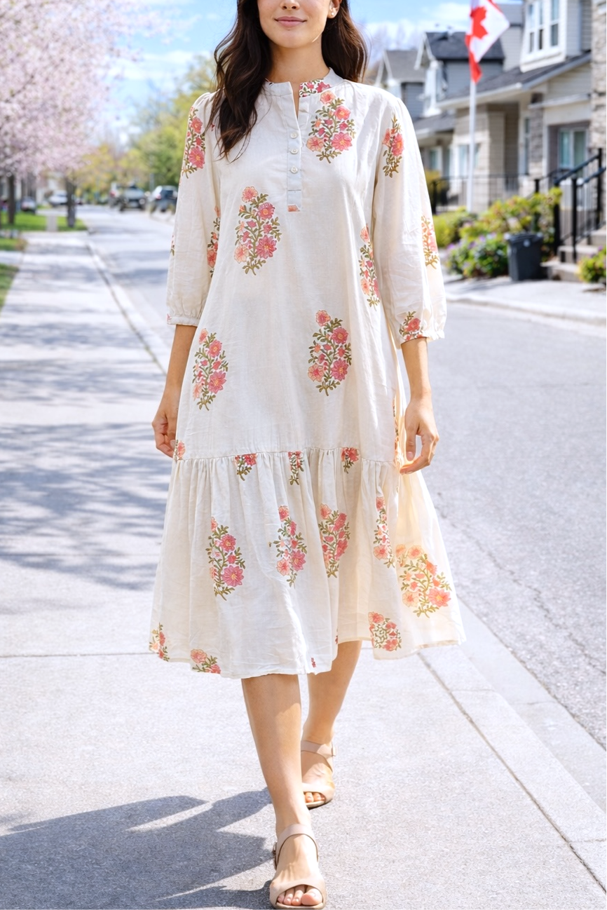 Wildrose Hand-Block Printed Cotton Dress