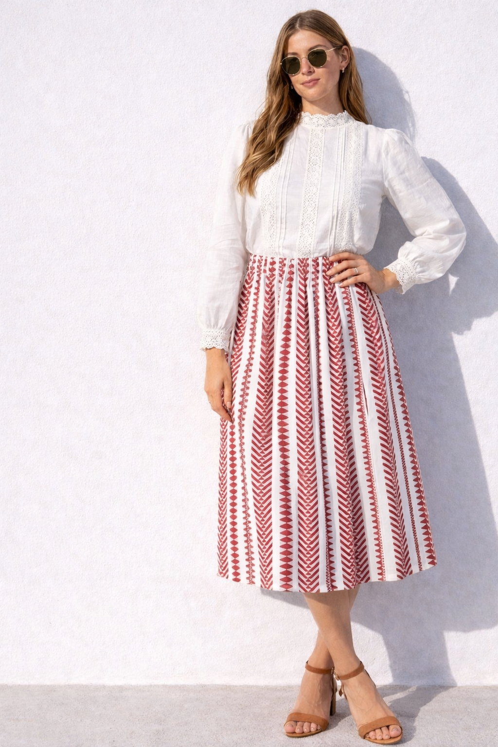 Red Dobby Cotton Midi Skirt