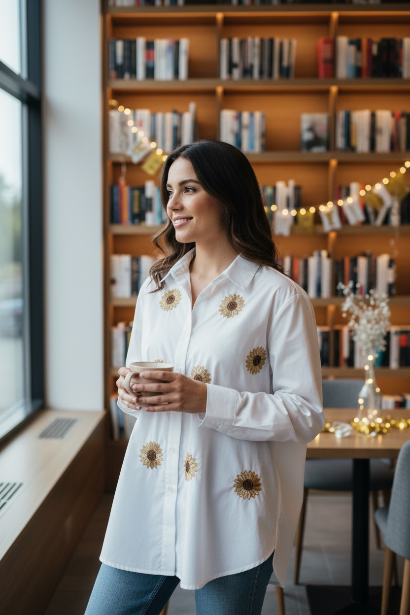 Handmade Sunflower Embroidered Pure Cotton Shirt – White